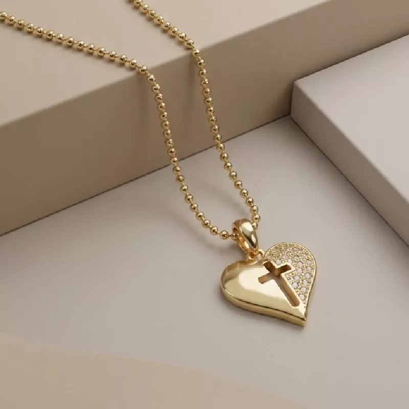 Cad. Bolita Corazon Cruz Rodio 45cm - CRO625